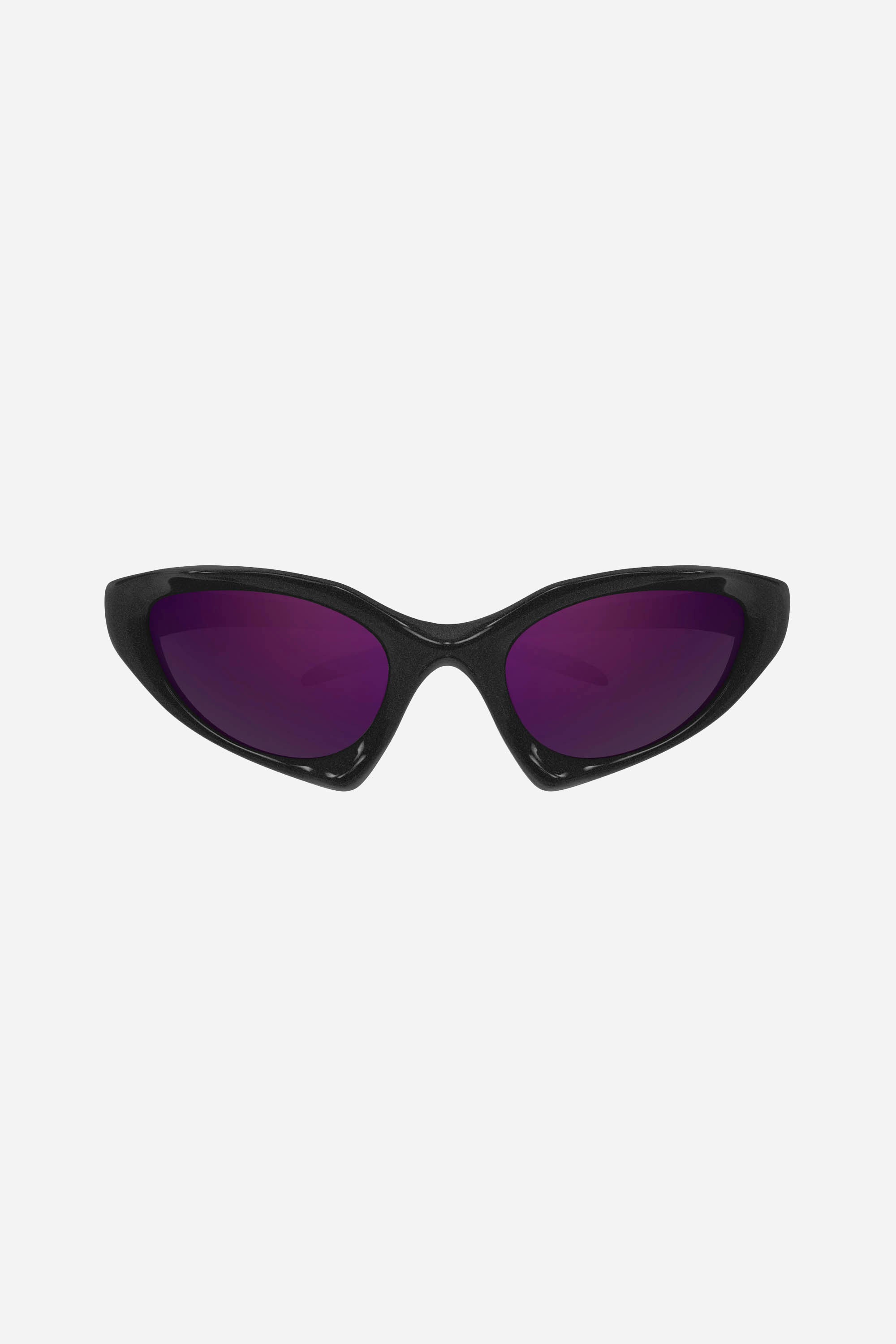 Black wraparound Balenciaga sunglasses with violet lense