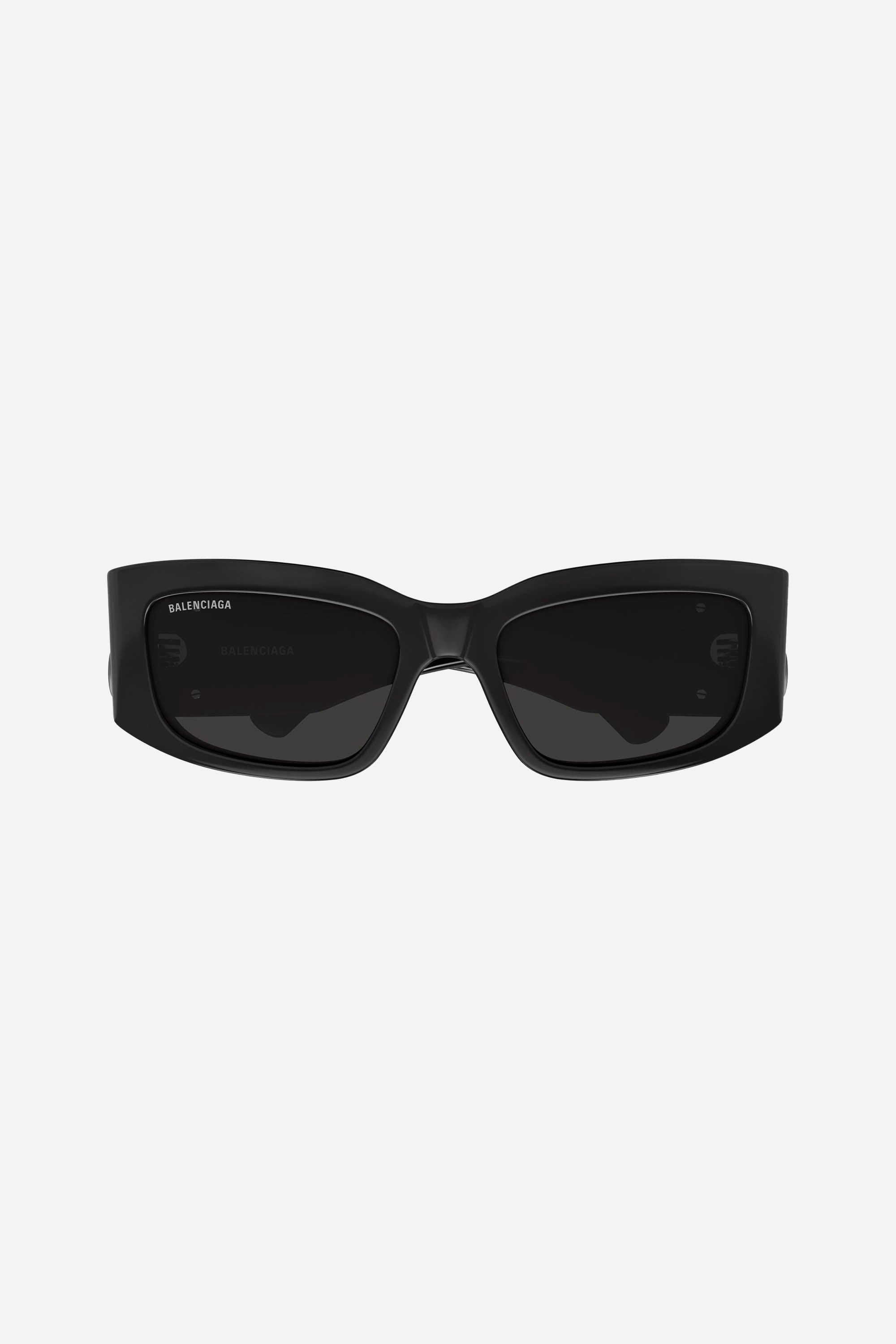 Black rectangular Balenciaga sunglasses with black logo