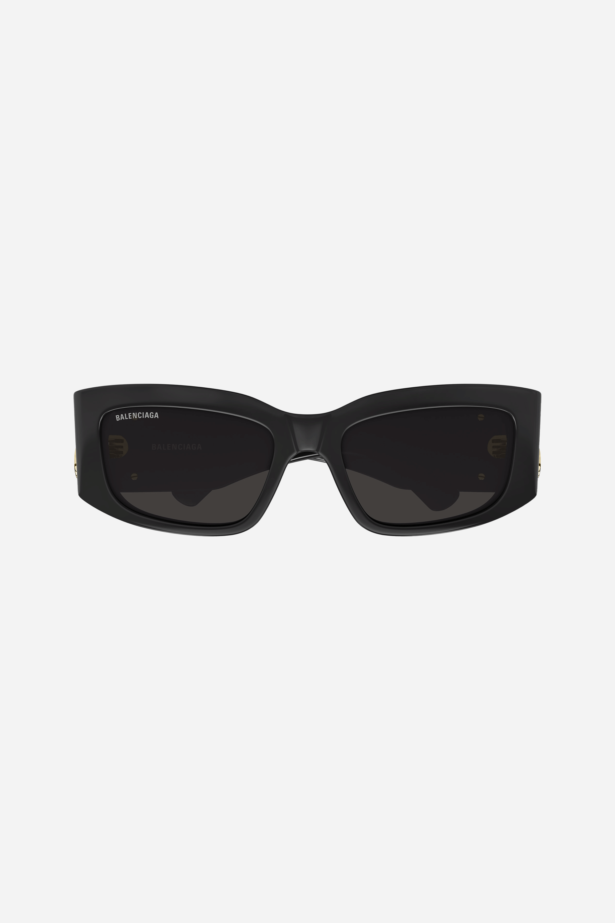 Black rectangular Balenciaga sunglasses with gold logo