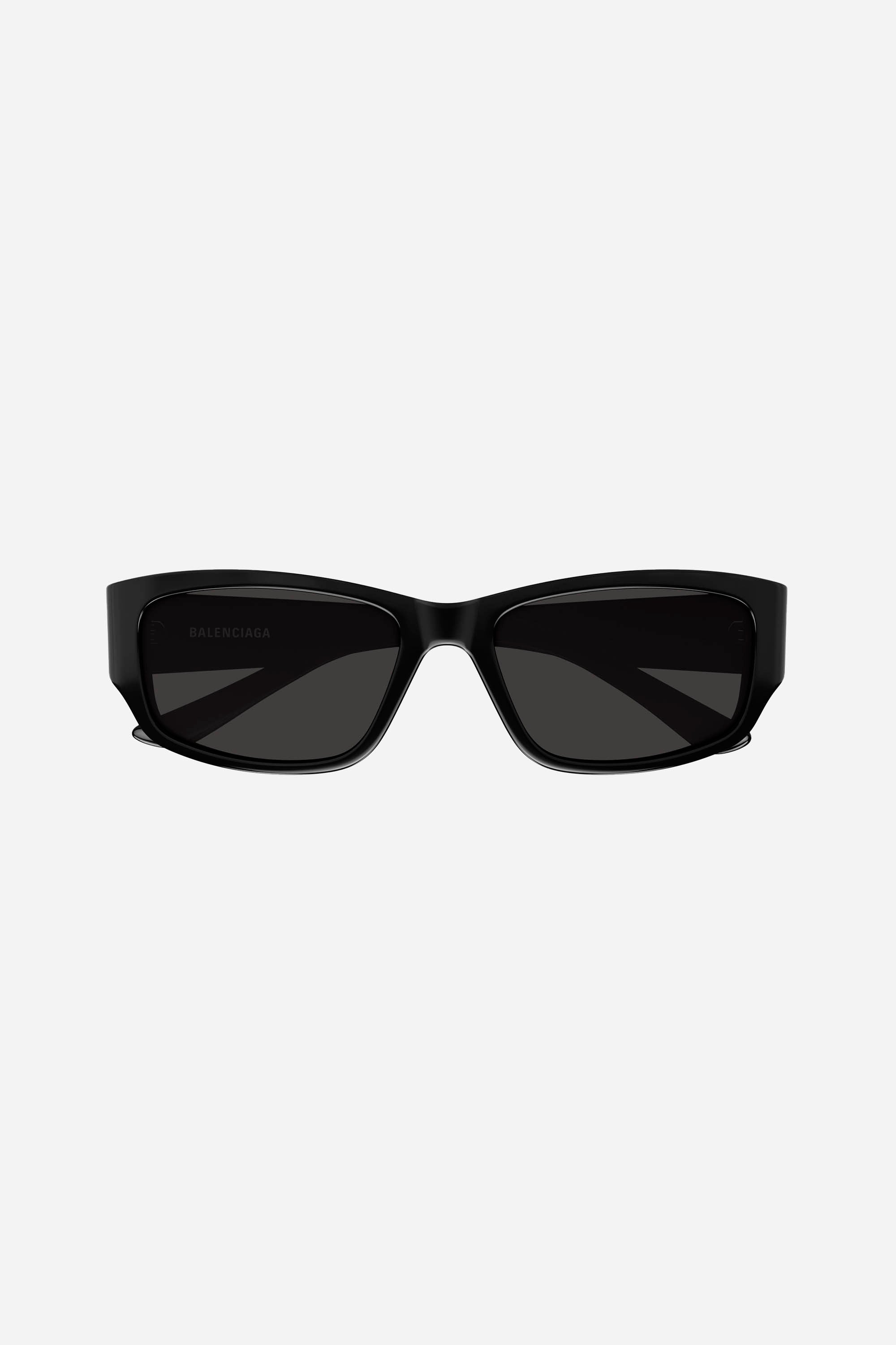 Black rectangular Balenciaga sunglasses with grey lense
